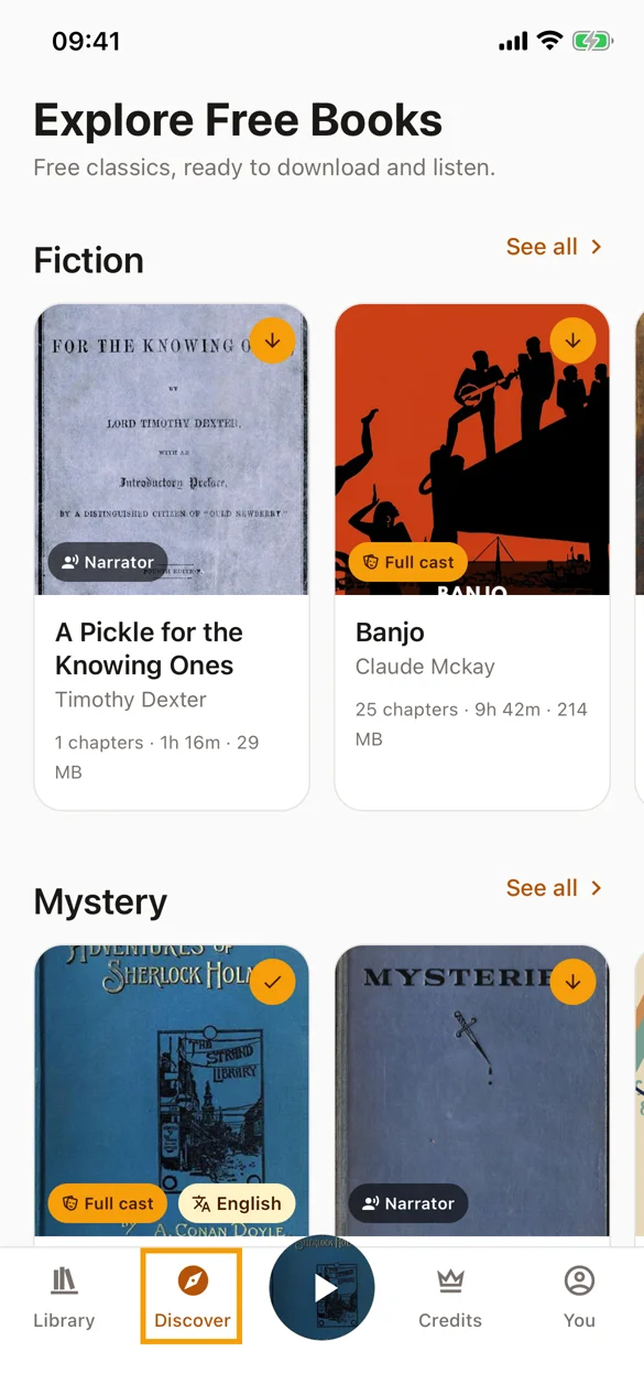The Discover tab showing the free book catalog