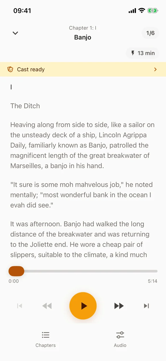 A downloaded book open in the reader with the cast ready