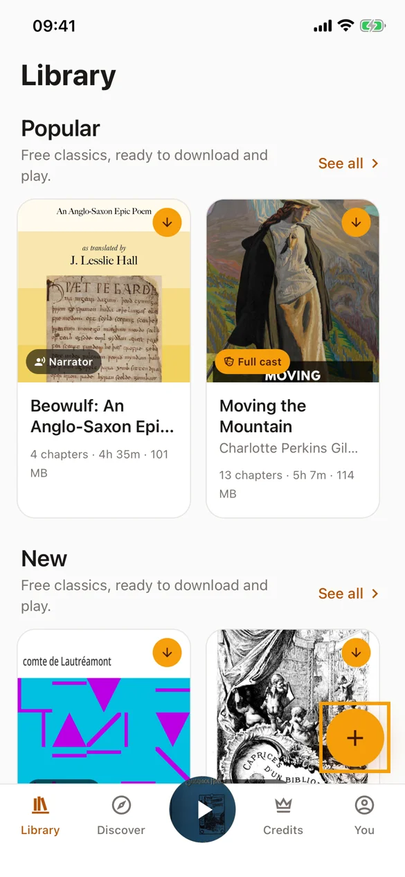 The plus button on the library screen
