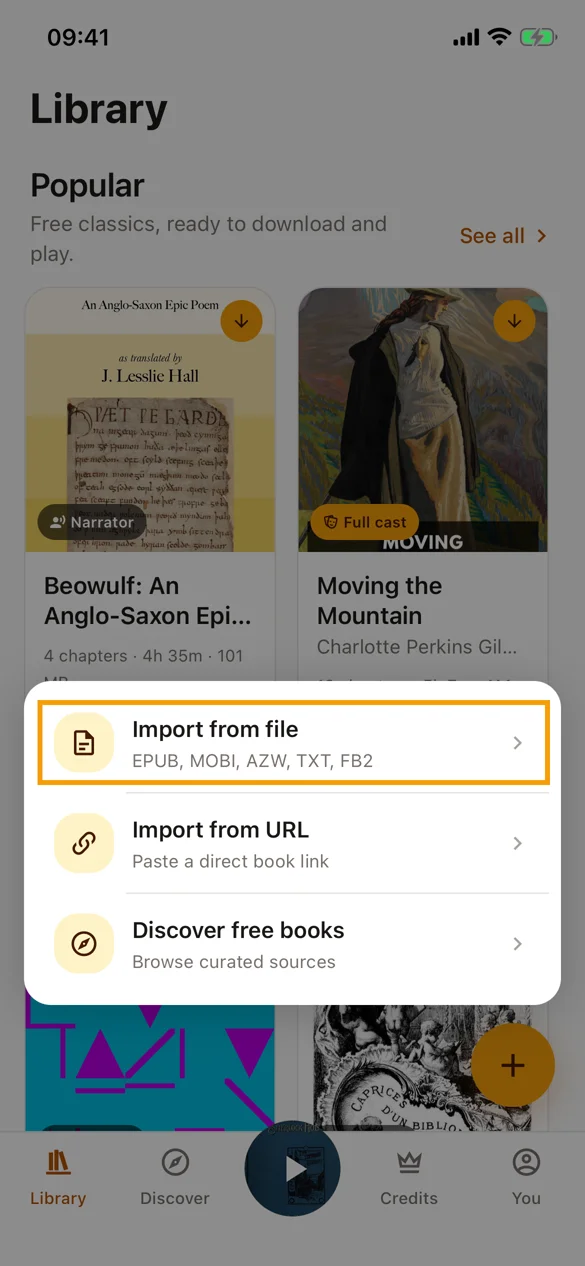 The import menu with file, URL, and discover options