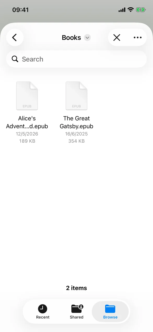 Choosing an eBook file in the Files picker