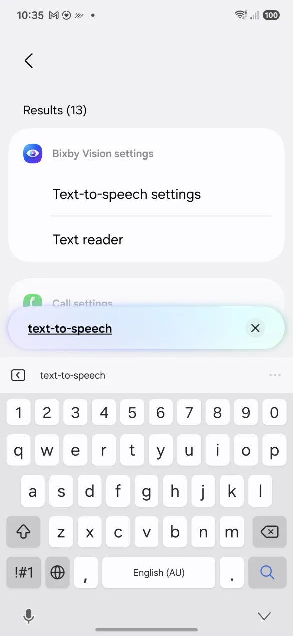 Searching for text-to-speech in the Settings app