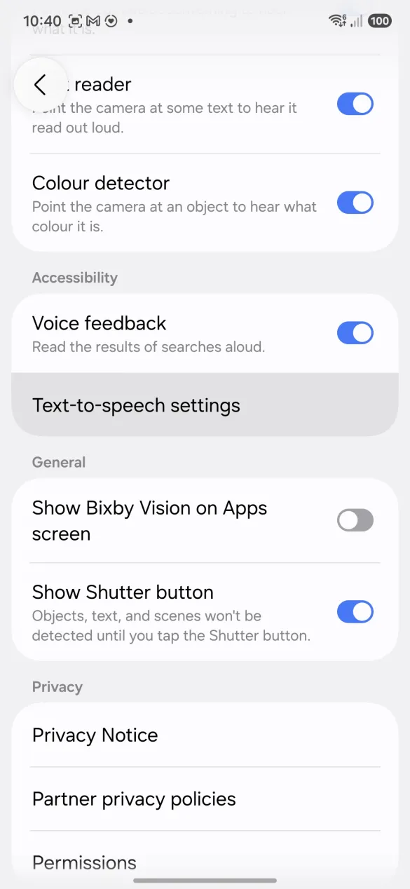 The Text-to-speech settings row highlighted after the search