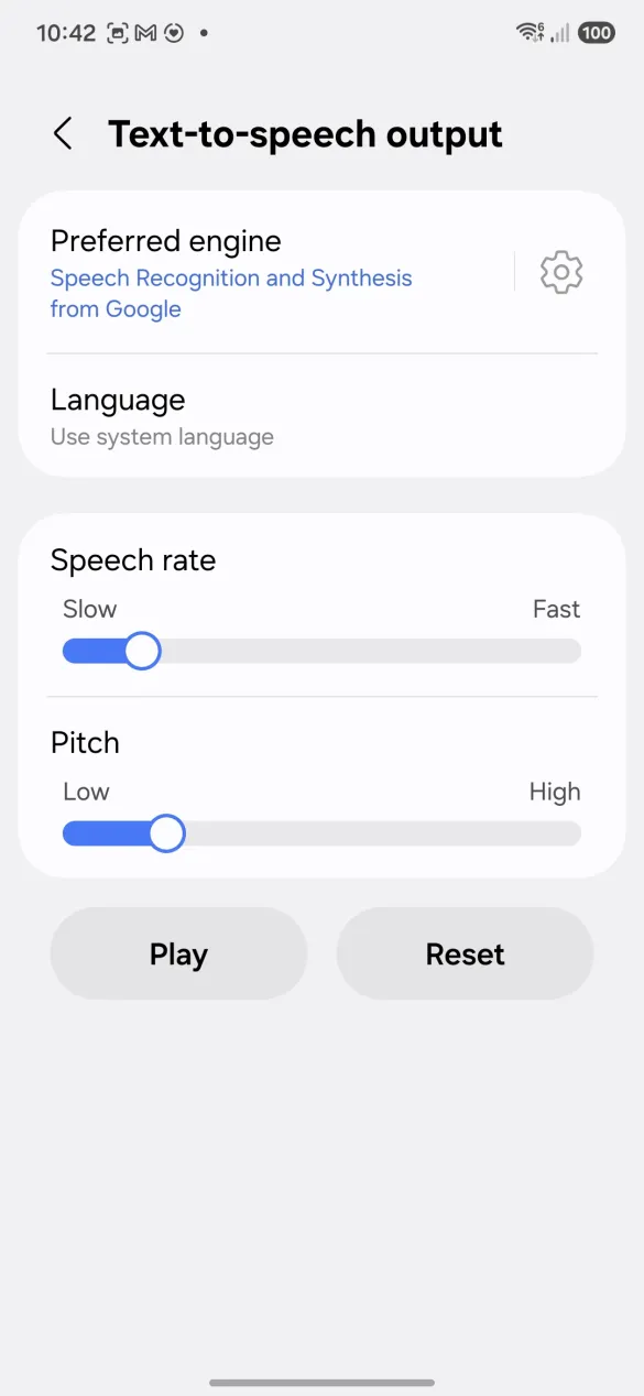The Text-to-speech output screen with Preferred engine at the top