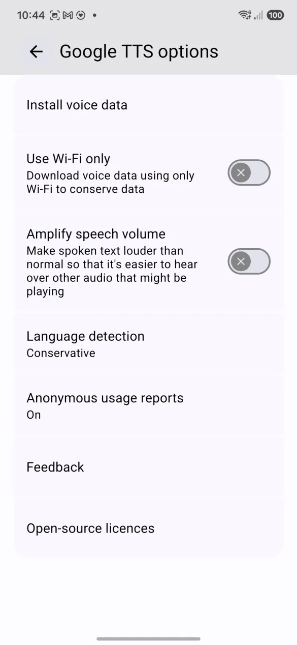The Google TTS options screen with Install voice data at the top