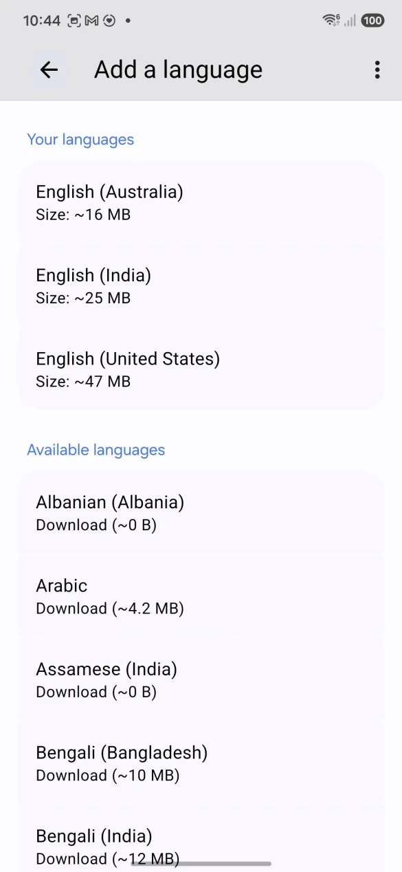 The language list showing installed languages and download sizes