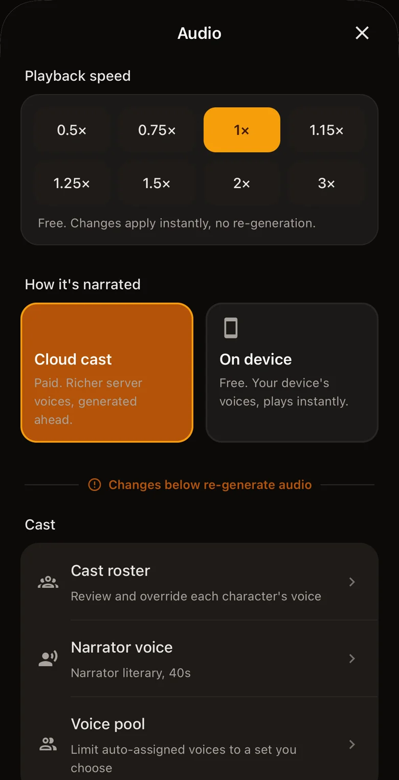 BookNPC audio settings: choose cloud cast or on-device narration, open the cast roster, or change the narrator voice