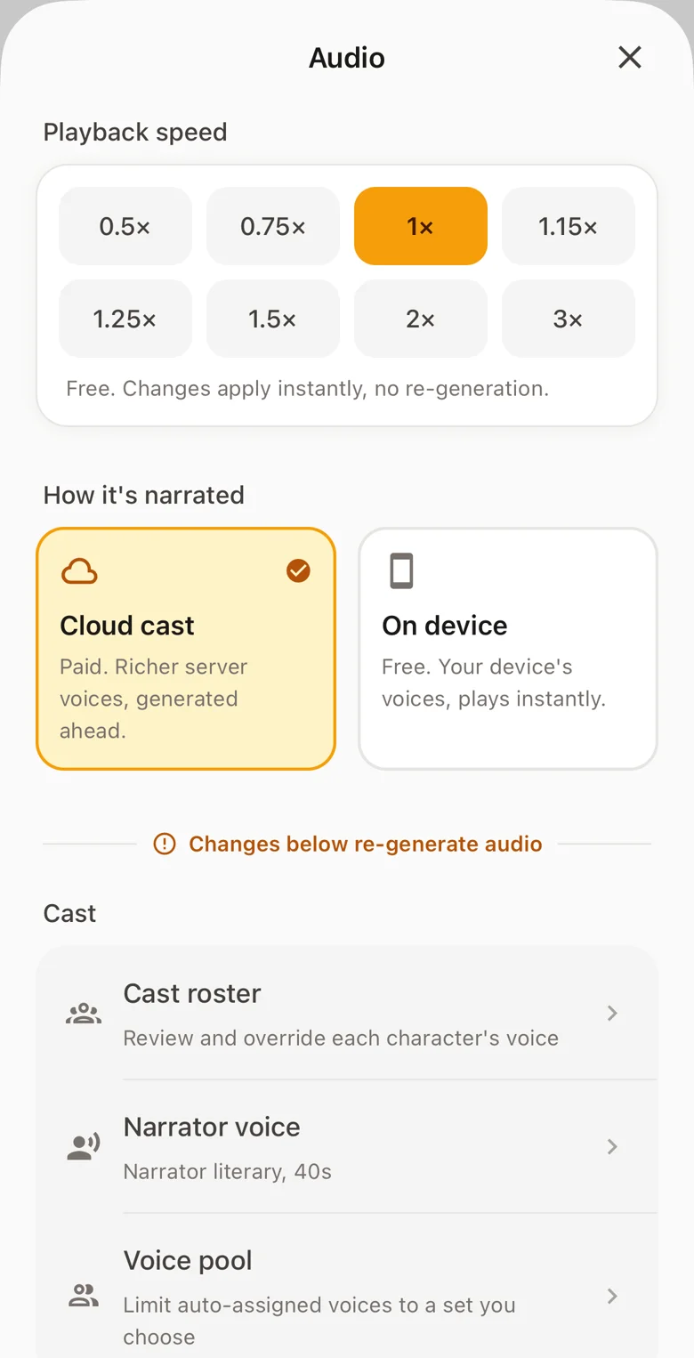 BookNPC audio settings: choose cloud cast or on-device narration, open the cast roster, or change the narrator voice