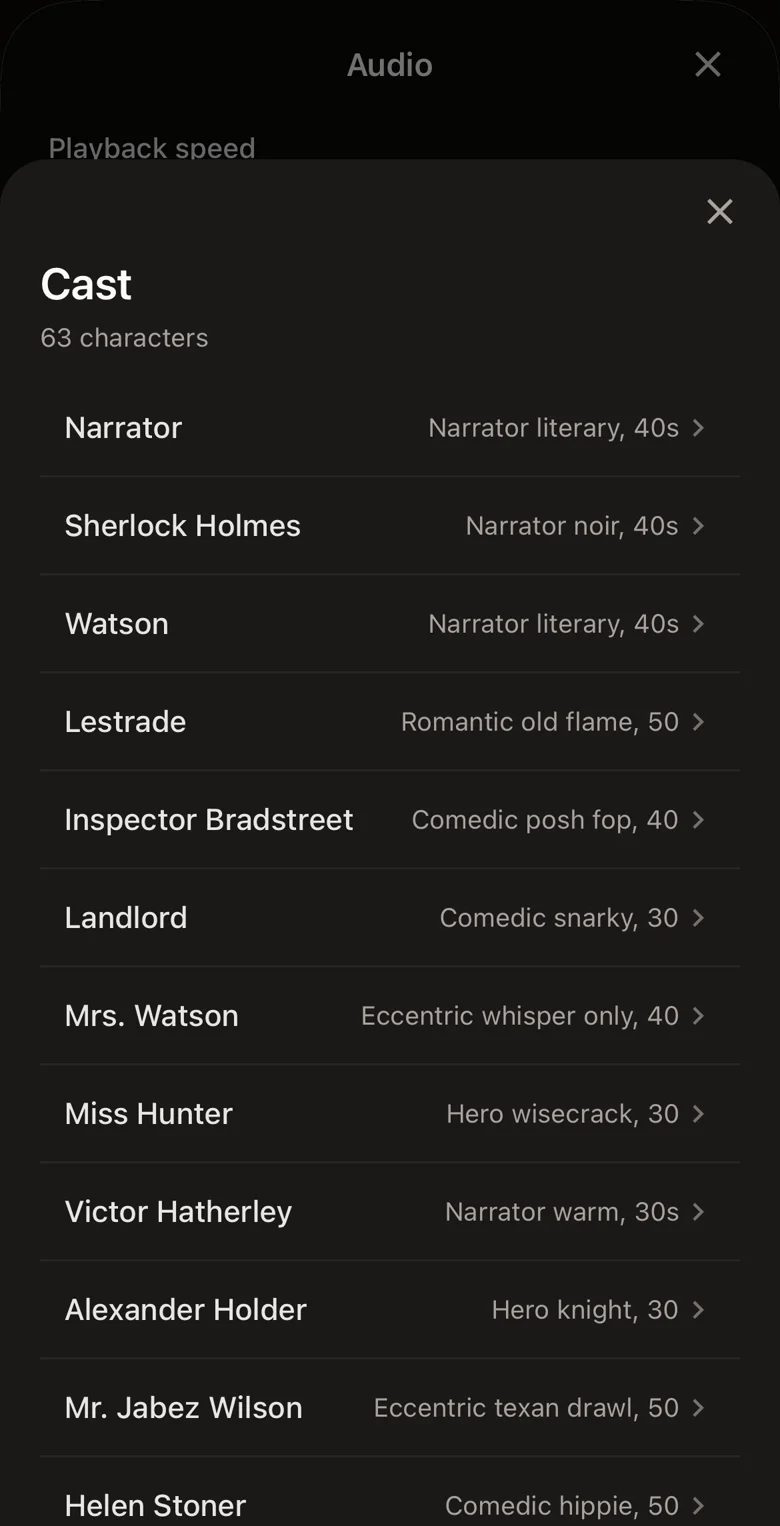 The cast list of The Adventures of Sherlock Holmes in BookNPC: 63 characters, each with an assigned voice