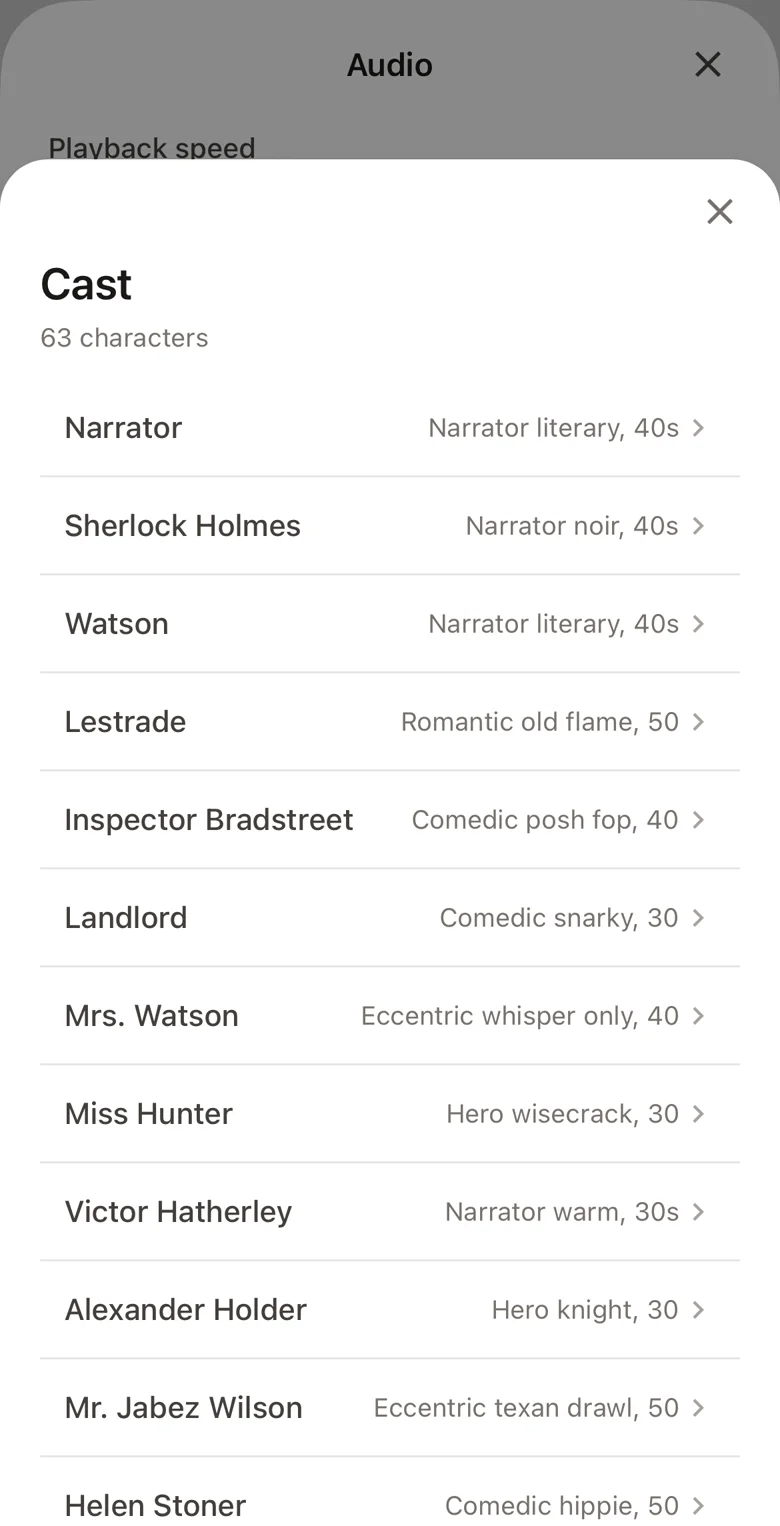 The cast list of The Adventures of Sherlock Holmes in BookNPC: 63 characters, each with an assigned voice