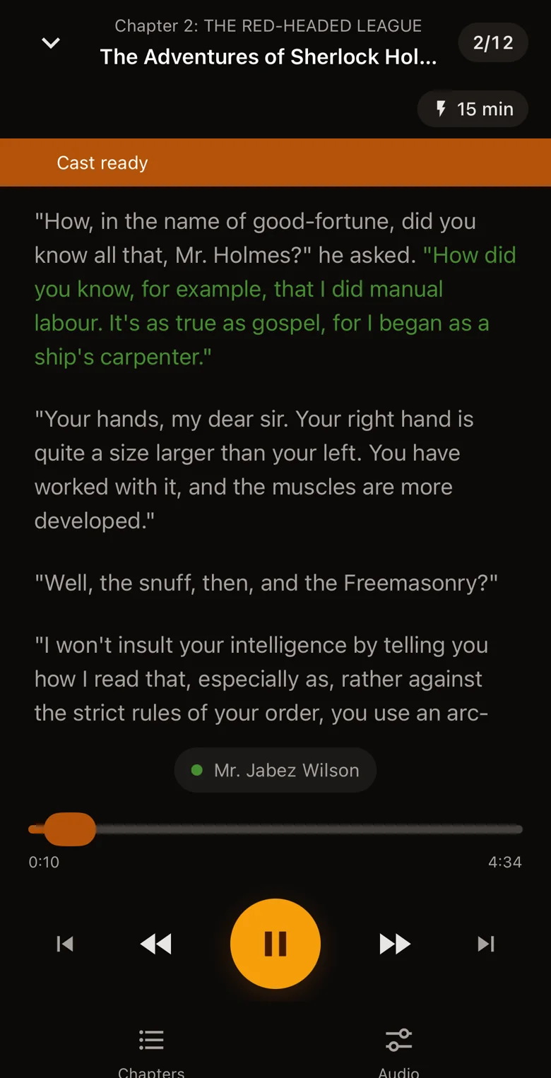 The BookNPC reader playing a full-cast page: the current line is tinted in the speaker's color and the speaker is named below